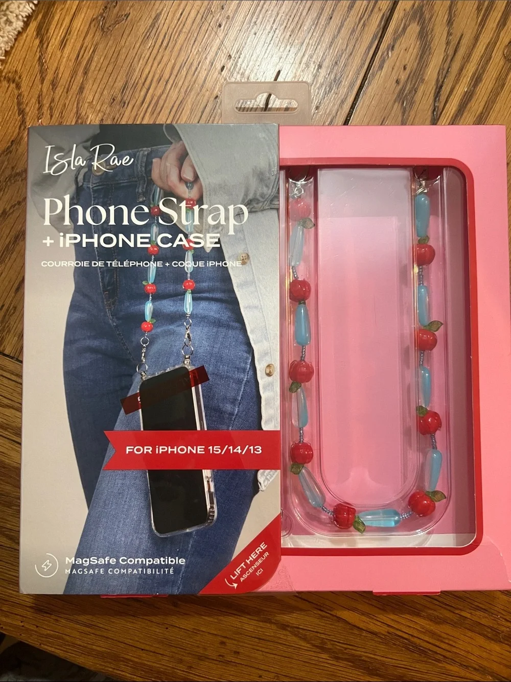 Pencey Pink-Trim Clear iPhone Case with Red Cherry & Light Blue Beaded Strap